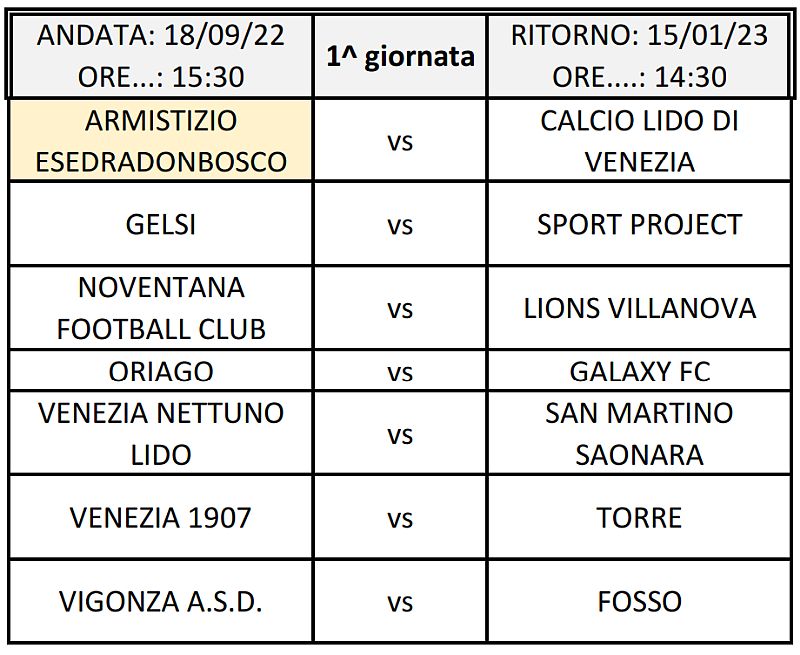 1^ giornata Calcio Armistizio Esedra Don Bosco Padova Calendario Gare Stagione Sportiva 2022-2023 1^ Categoria Girone F